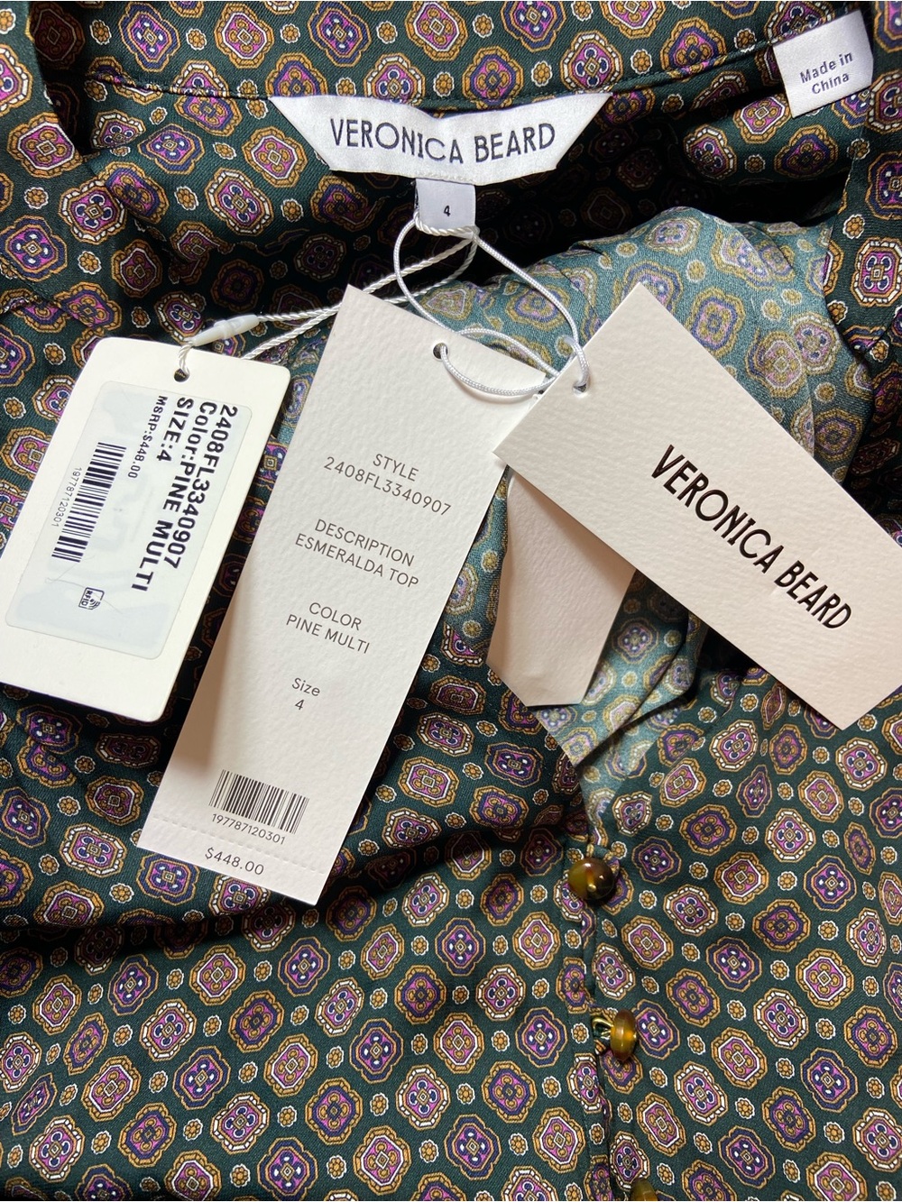 NWT Veronica Beard Esmeralda Silk Blend Geometric Pine Button-Down Blouse [TE] - Picture 12 of 13